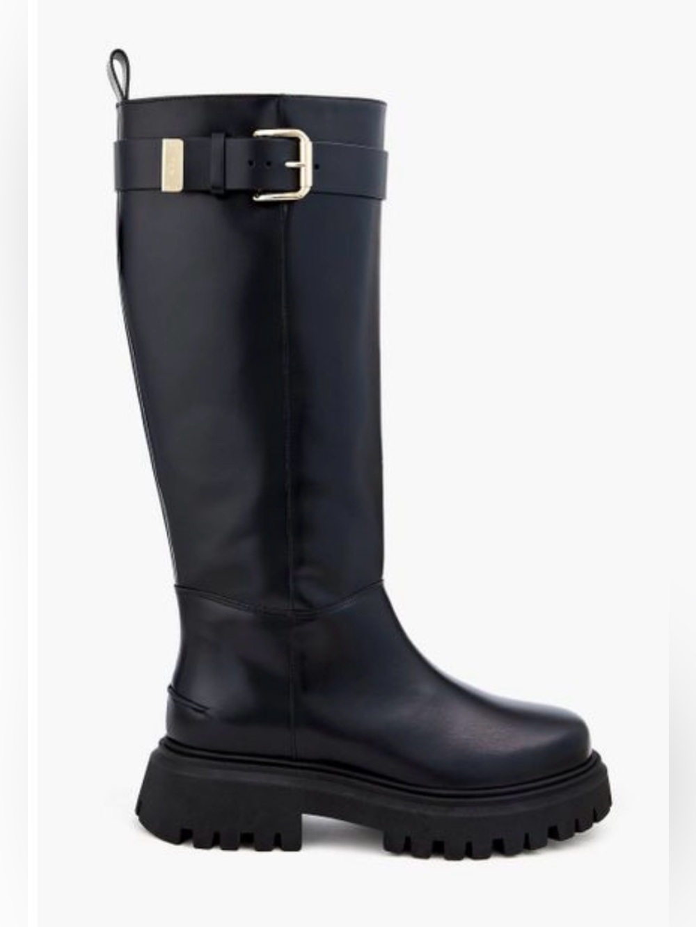 Maje Black Over-the-Knee Lug Sole Leather Boots with Gold Buckle